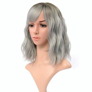 Ombre Color Natural Wavy Wig With Air Bangs Black to Gray Colorful Short Bob Wig